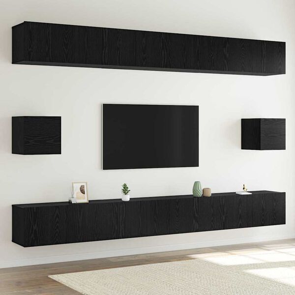 vidaXL Conjunto de mueble de TV 8 pcs Roble Negro Madera de ingenier&iacute;a