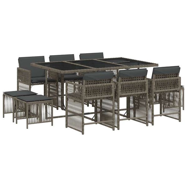 vidaXL Set de comedor de jard&iacute;n 11 pzas y cojines rat&aacute;n sint&eacute;tico gris