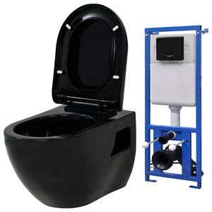vidaXL Inodoro de pared con cisterna oculta cer&aacute;mica negro