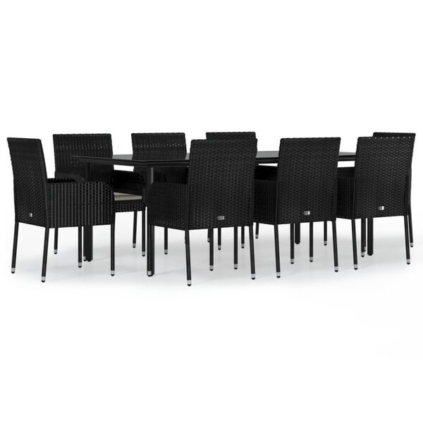 vidaXL Set de comedor de jard&iacute;n 9 pzas y cojines rat&aacute;n sint&eacute;tico negro