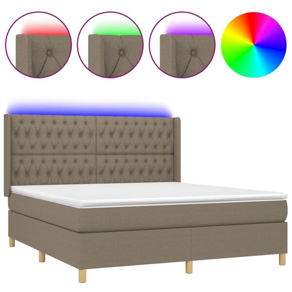 vidaXL Cama box spring colch&oacute;n y luces LED tela gris taupe 180x200 cm
