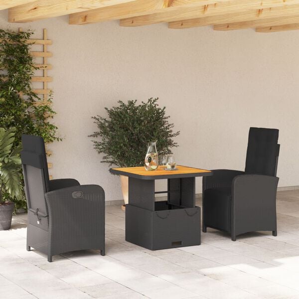 vidaXL Set comedor de jard&iacute;n 3 pzas con cojines rat&aacute;n sint&eacute;tico negro