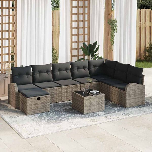 vidaXL Conjunto de sof&aacute; de jard&iacute;n con coj&iacute;n 9 pcs Gris Polirat&aacute;n