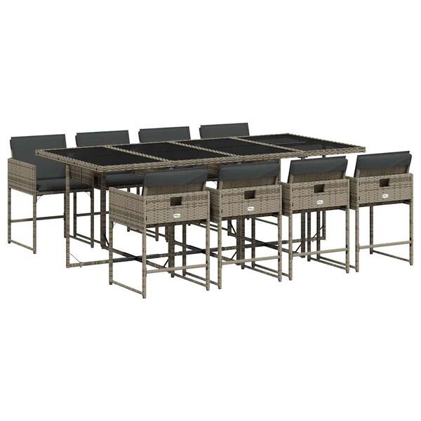vidaXL Set comedor jard&iacute;n 9 pzas y cojines rat&aacute;n sint&eacute;tico gris