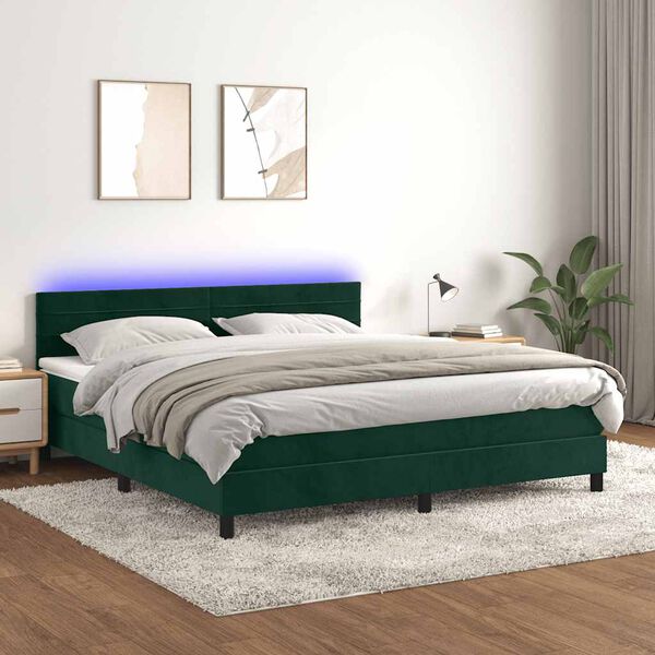 vidaXL Cama box spring colch&oacute;n y LED terciopelo verde oscuro 180x200cm