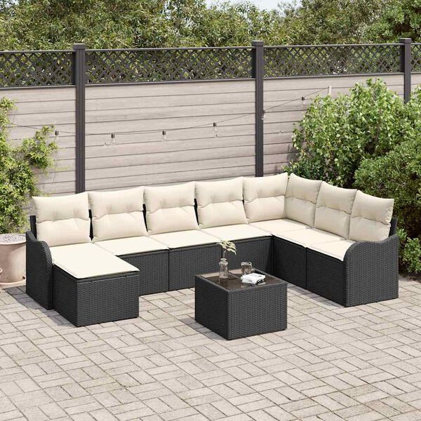 vidaXL Conjunto de sof&aacute; de jard&iacute;n 9 pcs Negro y blanco Polirat&aacute;n