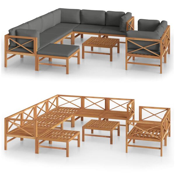 vidaXL Set de muebles de jard&iacute;n 10 pzas madera de teca y cojines gris