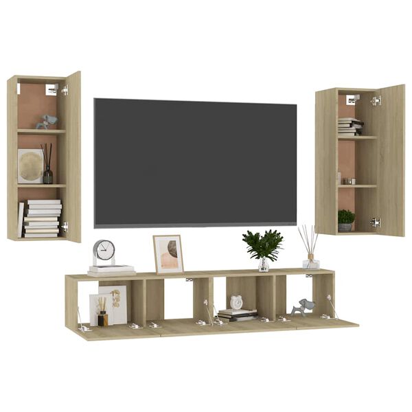 vidaXL Set de muebles sal&oacute;n TV 4 pzas madera ingenier&iacute;a roble Sonoma