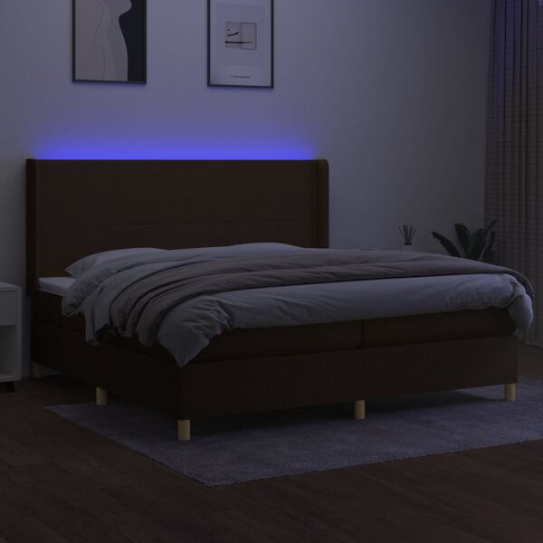vidaXL Cama box spring colch&oacute;n luces LED tela marr&oacute;n oscuro 200x200 cm