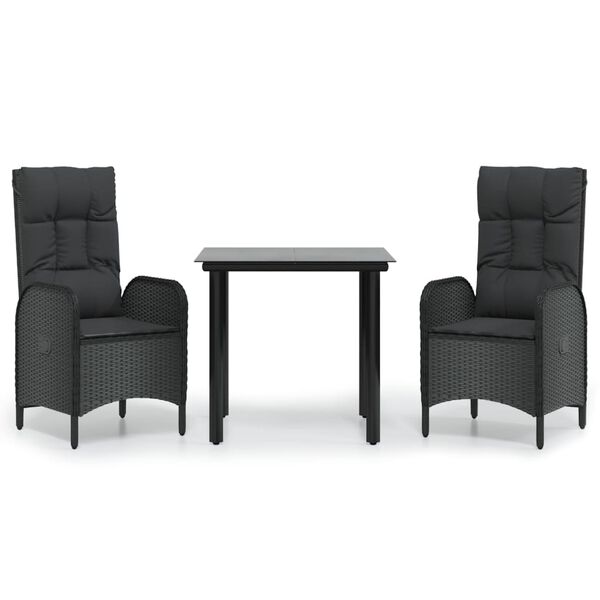 vidaXL Set comedor de jard&iacute;n 3 pzas con cojines rat&aacute;n sint&eacute;tico negro