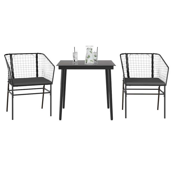 vidaXL Set comedor jard&iacute;n 3 pzas cojines rat&aacute;n sint&eacute;tico vidrio negro