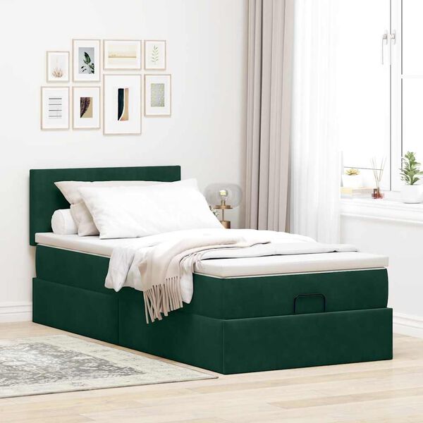 vidaXL Estructura de cama otomana con colch&oacute;n terciopelo verde oscuro