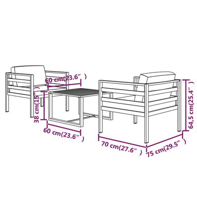 vidaXL Set muebles de jardín 3 pzas y cojines aluminio gris antracita