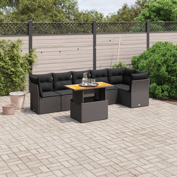 vidaXL Set de comedor de jard&iacute;n 7 pzas y cojines rat&aacute;n sint&eacute;tico negro