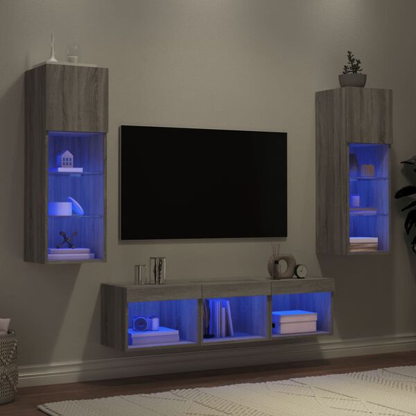 vidaXL Muebles TV pared con LED 5 pzas madera ingenier&iacute;a gris Sonoma