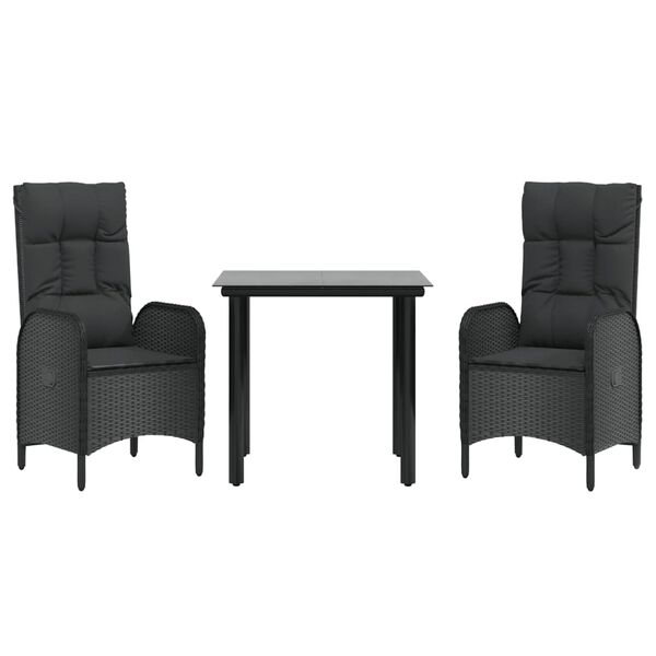 vidaXL Set comedor de jard&iacute;n 3 pzas con cojines rat&aacute;n sint&eacute;tico negro