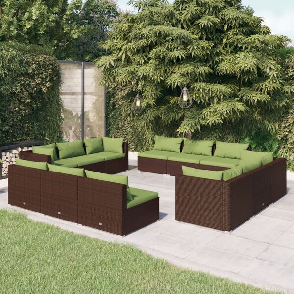 vidaXL Set muebles de jardín y cojines 12 pzas ratán sintético marrón