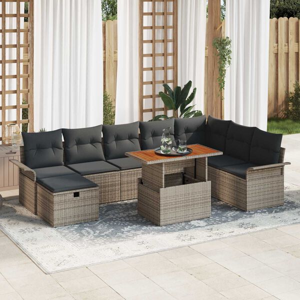 vidaXL Conjunto de sof&aacute;s de jard&iacute;n 9 pcs Gris rat&aacute;n sint&eacute;tico