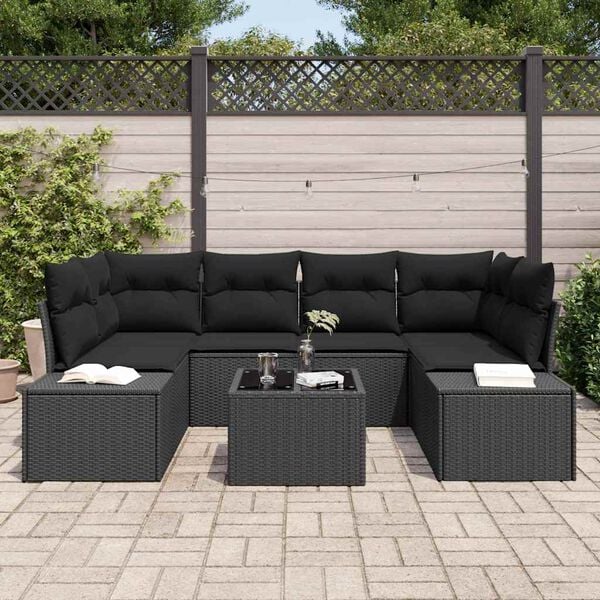 vidaXL Conjunto de sofá de jardín 7 pcs Negro ratán sintético