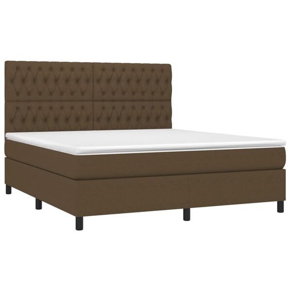 vidaXL Cama box spring colch&oacute;n luces LED tela marr&oacute;n oscuro 180x200cm