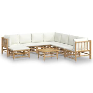 vidaXL Set de muebles de jard&iacute;n 9 piezas bamb&uacute; y cojines blanco crema