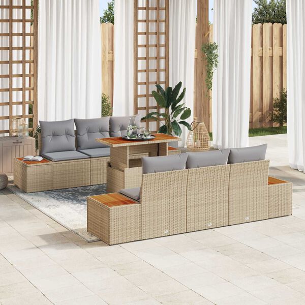 vidaXL Conjunto de sof&aacute; de jard&iacute;n 7 pcs Beige Polirat&aacute;n