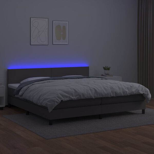 vidaXL Cama box spring colch&oacute;n y LED cuero sint&eacute;tico gris 200x200 cm