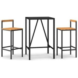 vidaXL Mesa bar y taburetes jard&iacute;n 3 pzas madera acacia rat&aacute;n PE negro