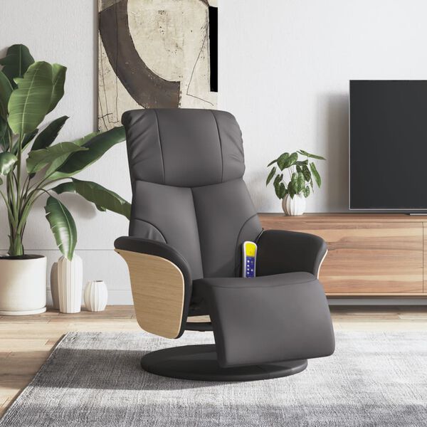 vidaXL Sill&oacute;n reclinable de masaje con reposapi&eacute;s cuero sint&eacute;tico gris