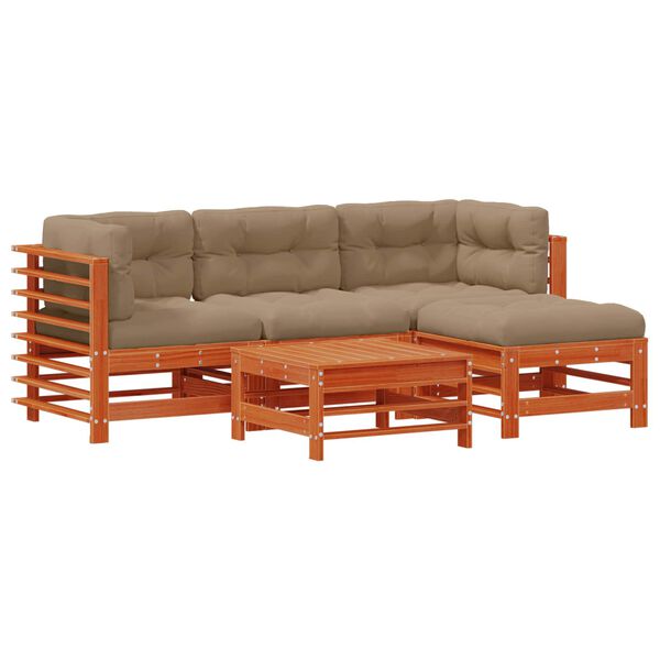 vidaXL Conjunto de Sof&aacute;s de Jard&iacute;n 5 pcs Marr&oacute;n Cera Pino macizo