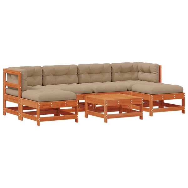 vidaXL Conjunto de Sof&aacute;s de Jard&iacute;n 7 pcs Marr&oacute;n Cera Pino macizo