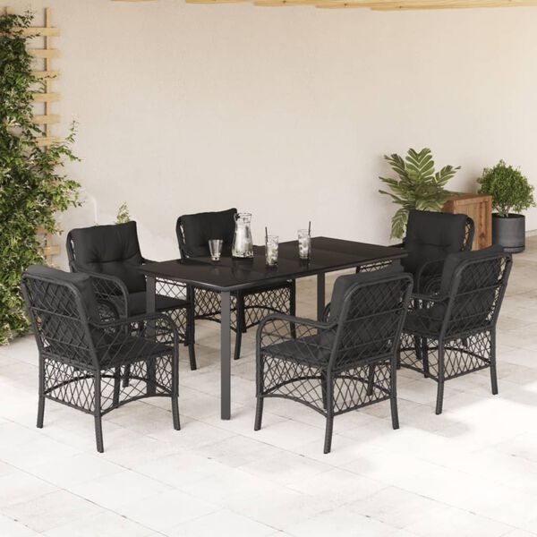 vidaXL Set de comedor de jard&iacute;n 7 pzas y cojines rat&aacute;n sint&eacute;tico negro