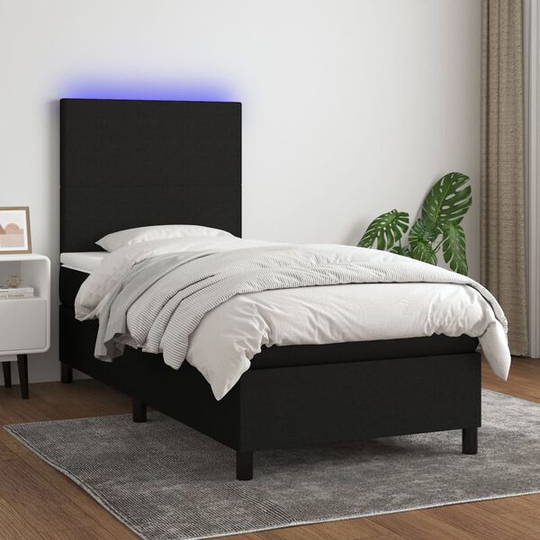 vidaXL Cama box spring colch&oacute;n y luces LED tela negro 90x190 cm