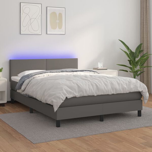 vidaXL Cama box spring colch&oacute;n y LED cuero sint&eacute;tico gris 140x200 cm