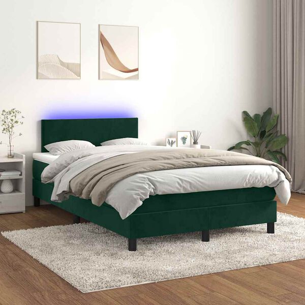 vidaXL Cama box spring colch&oacute;n y LED terciopelo verde oscuro 120x200cm