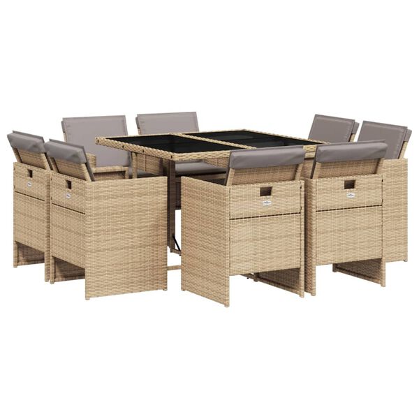 vidaXL Set comedor de jard&iacute;n 9 pzas con cojines rat&aacute;n sint&eacute;tico beige