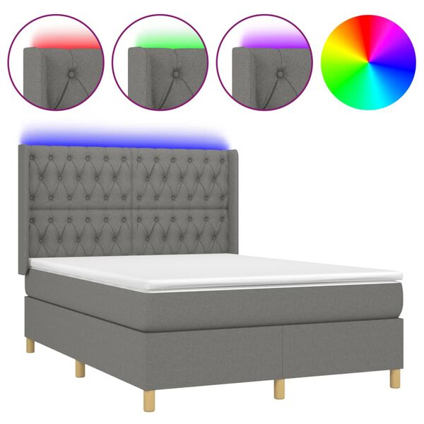 vidaXL Cama box spring colch&oacute;n y luces LED tela gris oscuro 140x190 cm