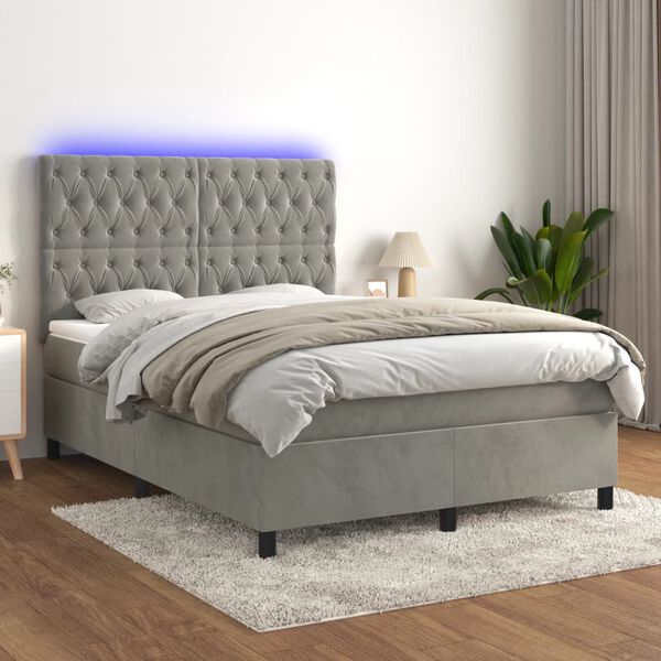 vidaXL Cama box spring colch&oacute;n y LED terciopelo gris claro 140x200 cm