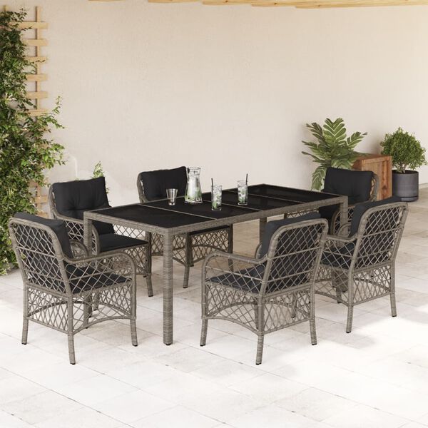 vidaXL Set comedor jard&iacute;n 7 pzas y cojines rat&aacute;n sint&eacute;tico gris