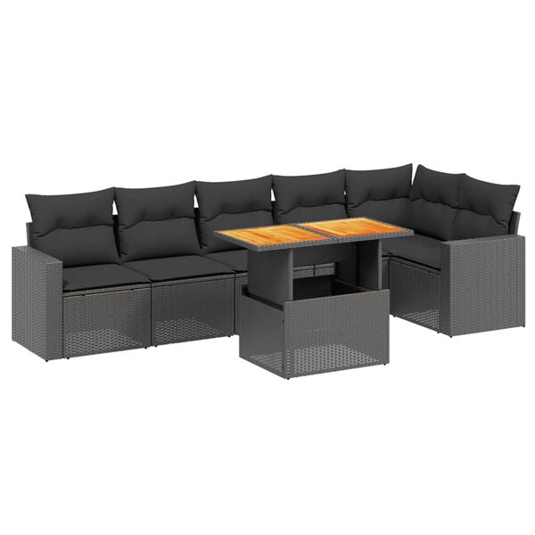 vidaXL Set de comedor de jard&iacute;n 7 pzas y cojines rat&aacute;n sint&eacute;tico negro
