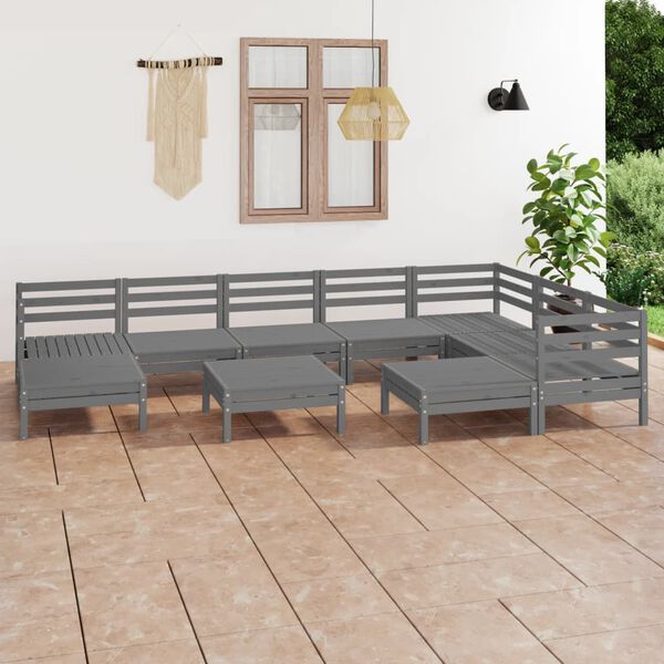vidaXL Juego de muebles de jard&iacute;n 10 piezas madera maciza de pino gris