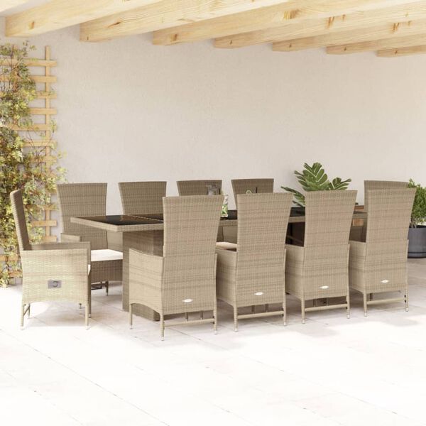 vidaXL Set comedor de jard&iacute;n 11 pzas con cojines rat&aacute;n sint&eacute;tico beige