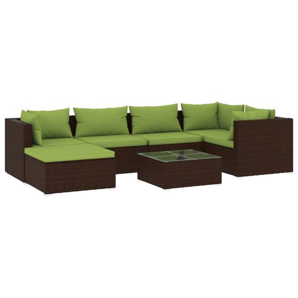 vidaXL Set muebles de jard&iacute;n 7 piezas y cojines rat&aacute;n sint&eacute;tico marr&oacute;n