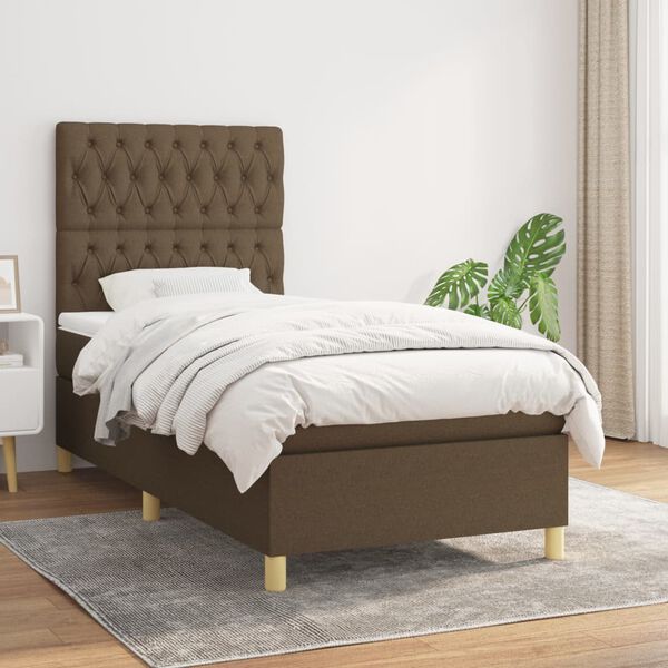 vidaXL Cama box spring con colch&oacute;n tela marr&oacute;n oscuro 90x200 cm
