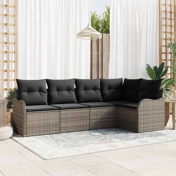 vidaXL Conjunto de sof&aacute; de jard&iacute;n con coj&iacute;n 5 pcs Gris Polirat&aacute;n