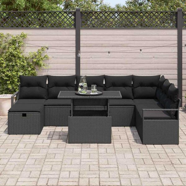 vidaXL Conjunto de sof&aacute; de jard&iacute;n con coj&iacute;n 9 pcs Negro Polirat&aacute;n