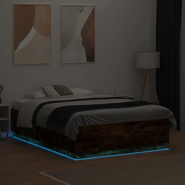 vidaXL Estructura cama con luces LED madera roble ahumado 120x190 cm