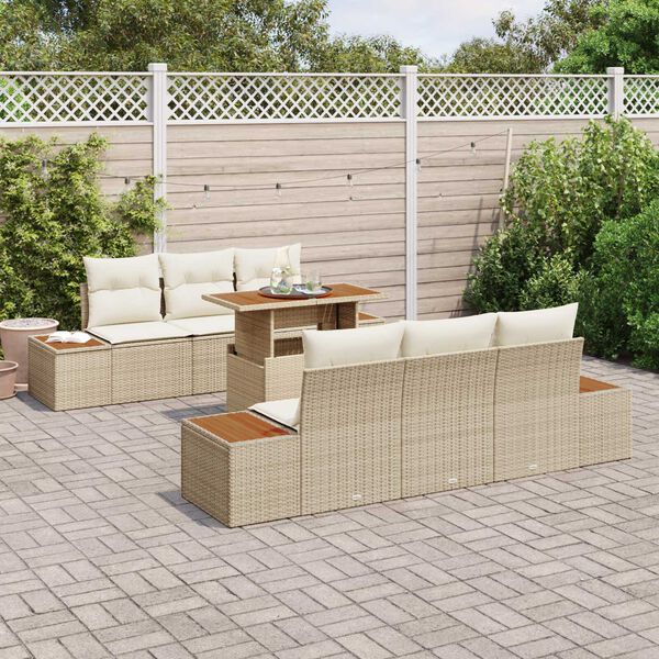 vidaXL Conjunto de sof&aacute; de jard&iacute;n 7 pcs Beige Polirat&aacute;n