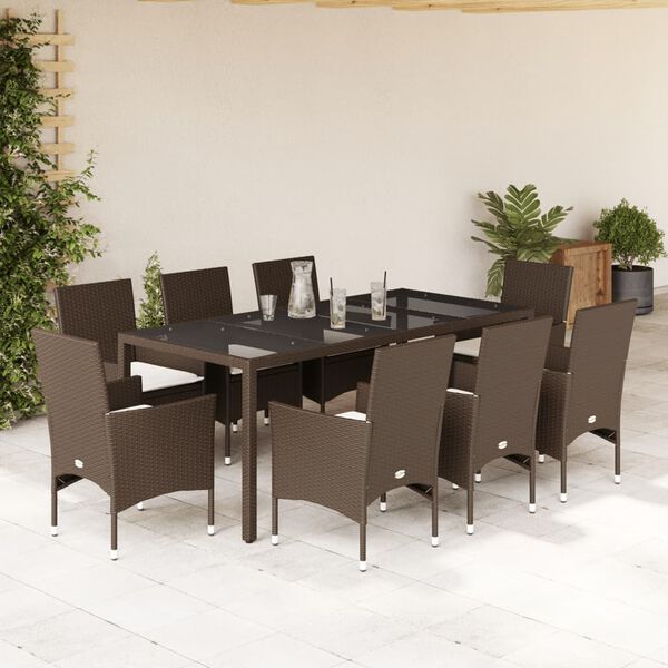 vidaXL Set comedor jard&iacute;n 9 pzas cojines rat&aacute;n sint&eacute;tico vidrio marr&oacute;n