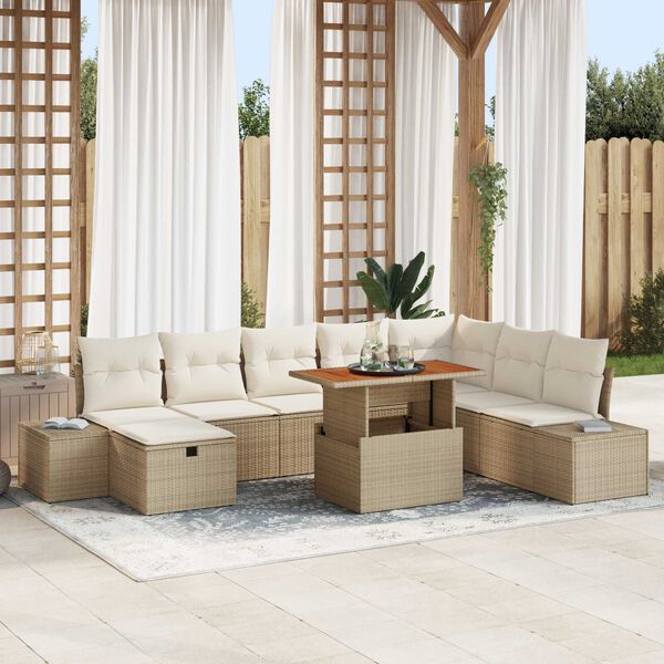 vidaXL Conjunto de sof&aacute; de jard&iacute;n 9 pcs Beige Polirat&aacute;n